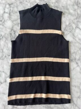 Women’s Sleeveless Black Knit Tunic with Beige Stripes